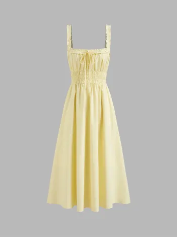 Linen-blend Lettuce Trim Knotted Shirred Cami Midi Dress