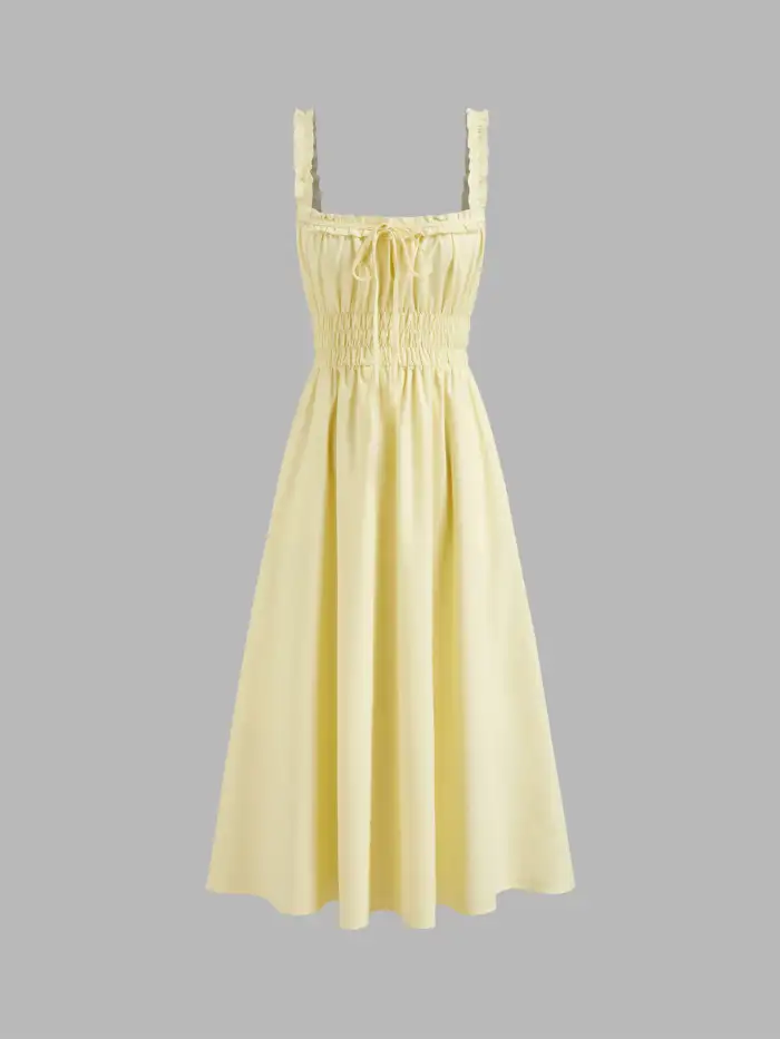 Linen-blend Linen-blend Lettuce Trim Knotted Shirred Cami Midi Dress For Daily Casual Date Picnic