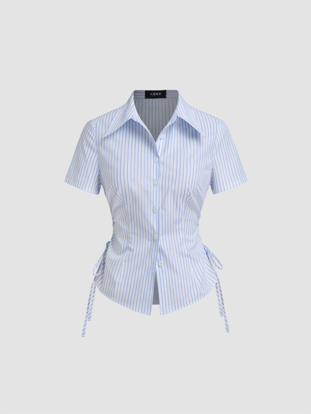 Cotton-blend Polo Collar Stripe Drawstring Knotted Shirt