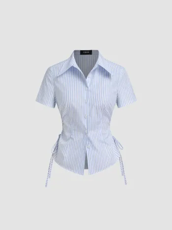 Cotton-blend Polo Collar Stripe Drawstring Knotted Shirt