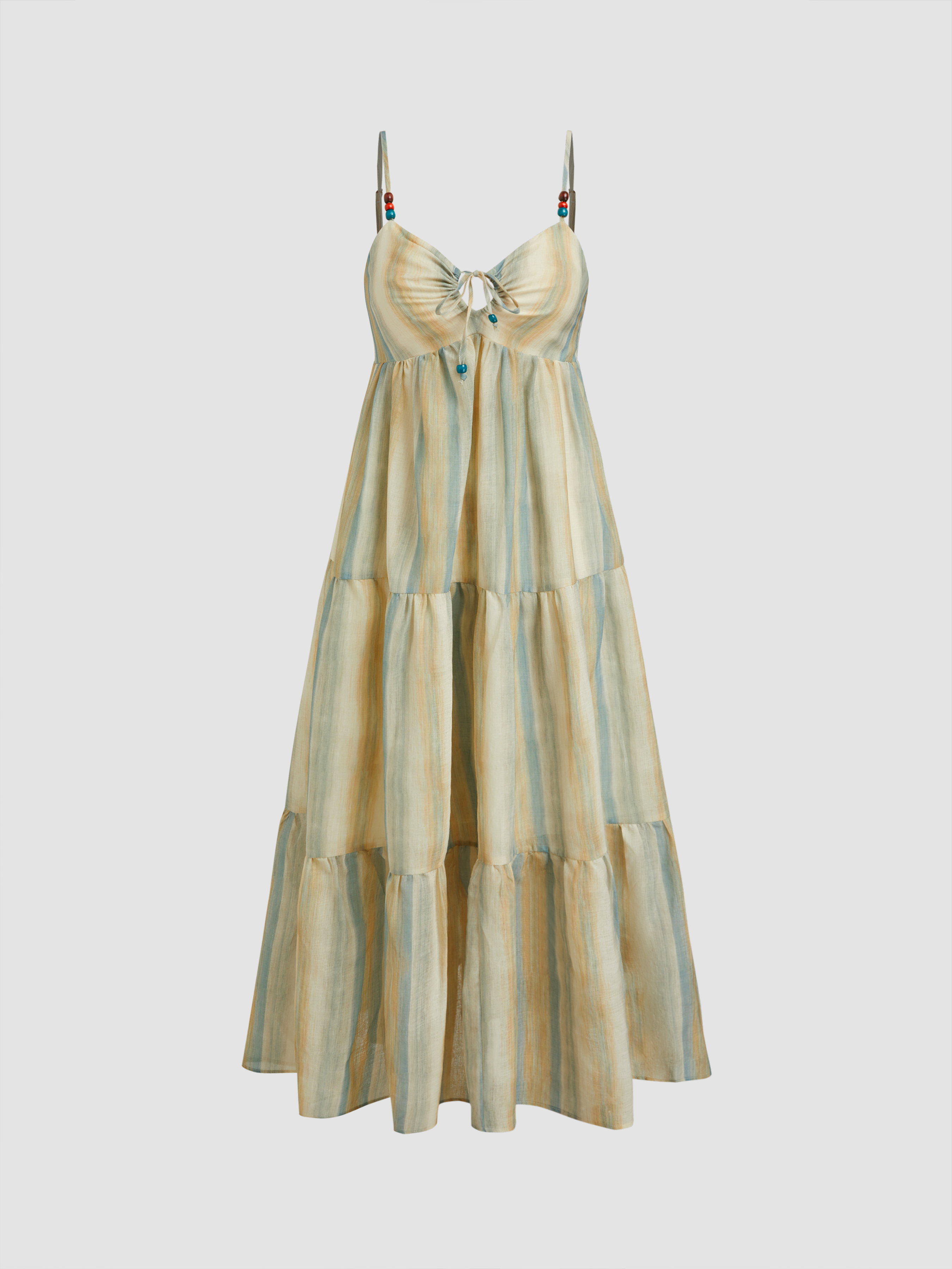 Stripe Beaded Knotted Ruffle Maxi Dress