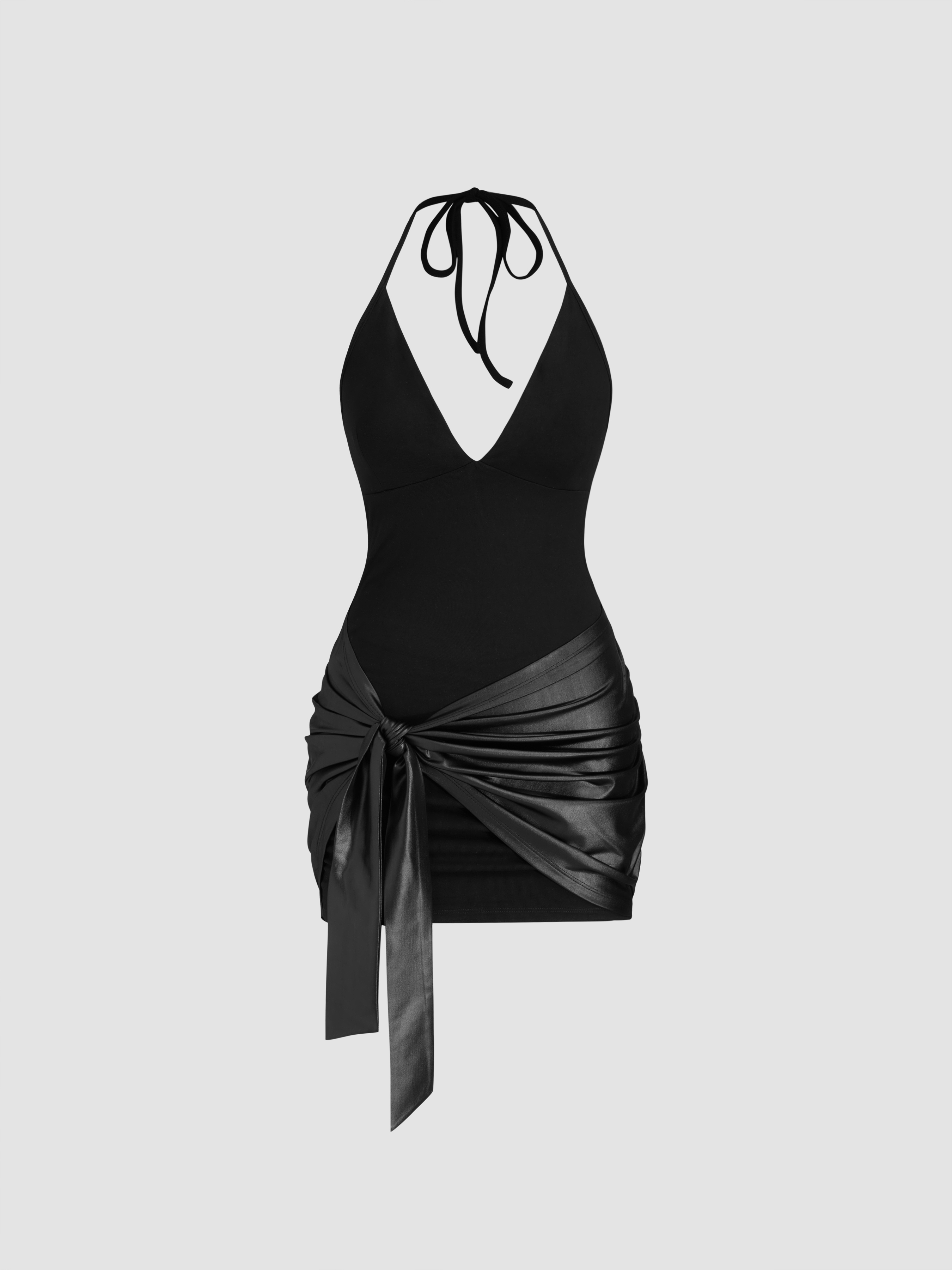 V-neck Halter Knotted Ruched Mini Dress