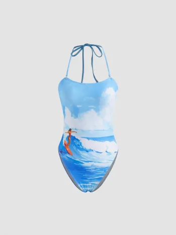 Shaping Halter Neckline Surfing Knotted One Piece Swimsuit
