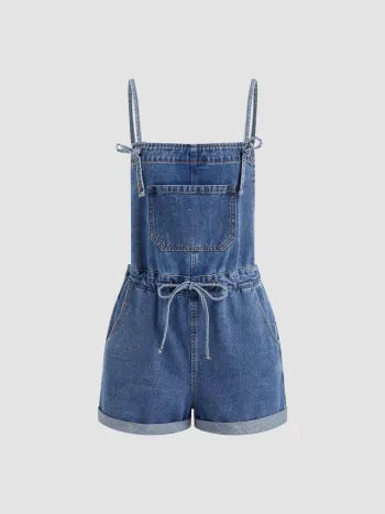 Salopette in denim con coulisse e orlo arrotolato