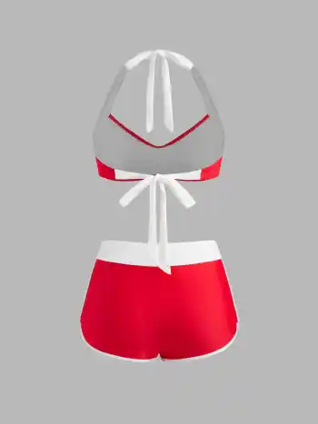 V-neck Contrasting Binding Knotted Bracelet Shorts Bikini Set