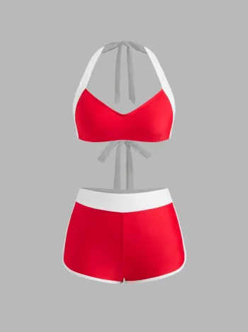 V-neck Contrasting Binding Knotted Bracelet Shorts Bikini Set