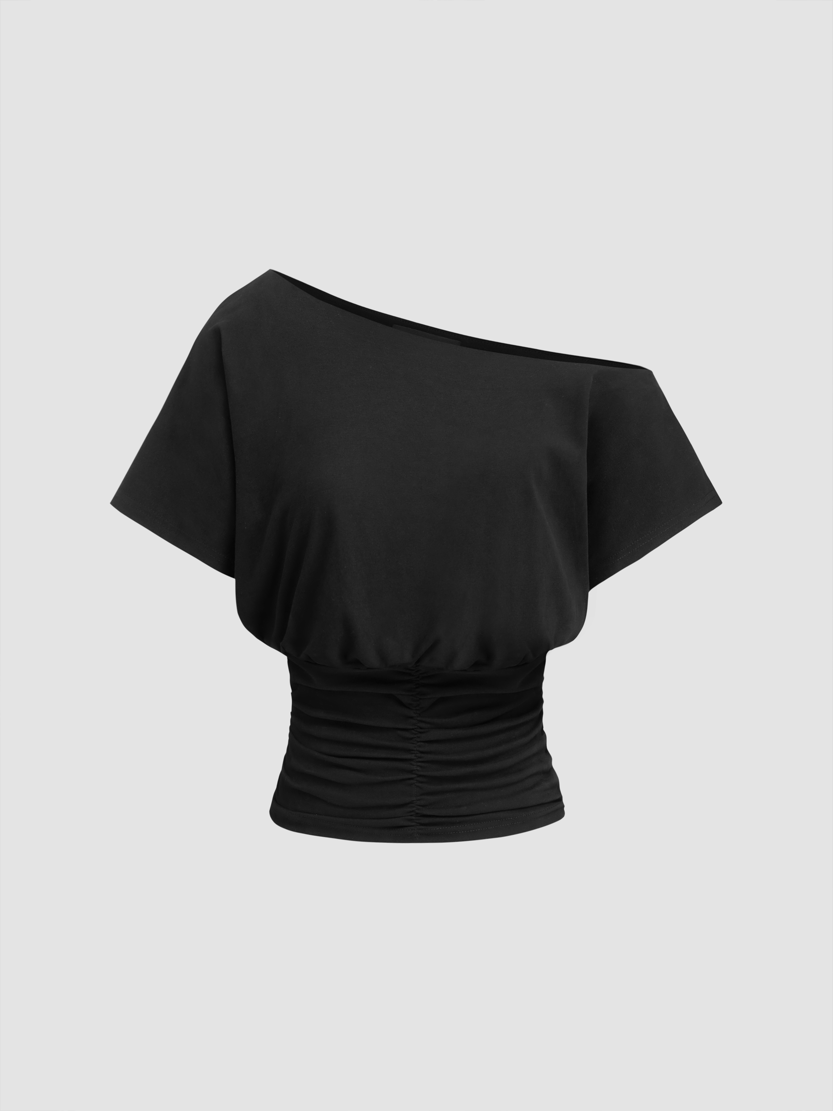 Cotton-blend Asymmetrical Neck Ruched Tee