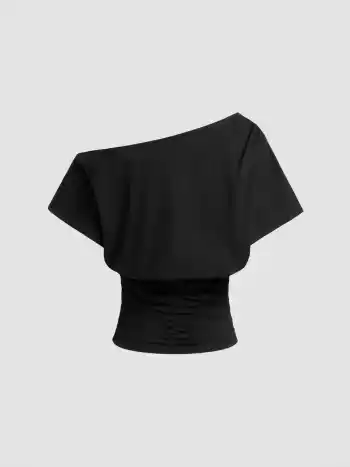 Baumwollmischung Asymmetrischer Hals Rüschiges T-Shirt