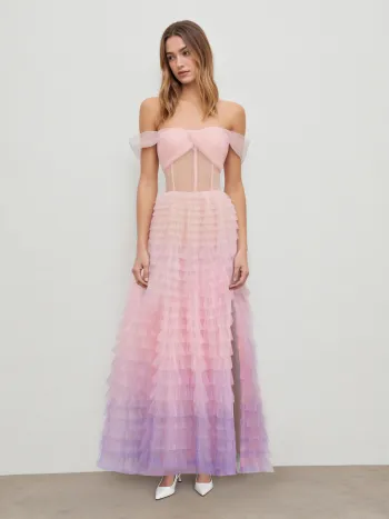 Off-shoulder Ombre Corset Tulle Tiered Gown Maxi Dress