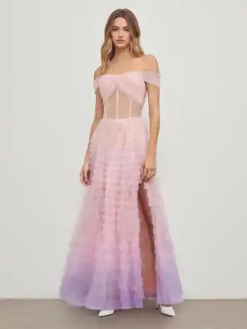 Off-shoulder Ombre Corset Tulle Tiered Gown Maxi Dress