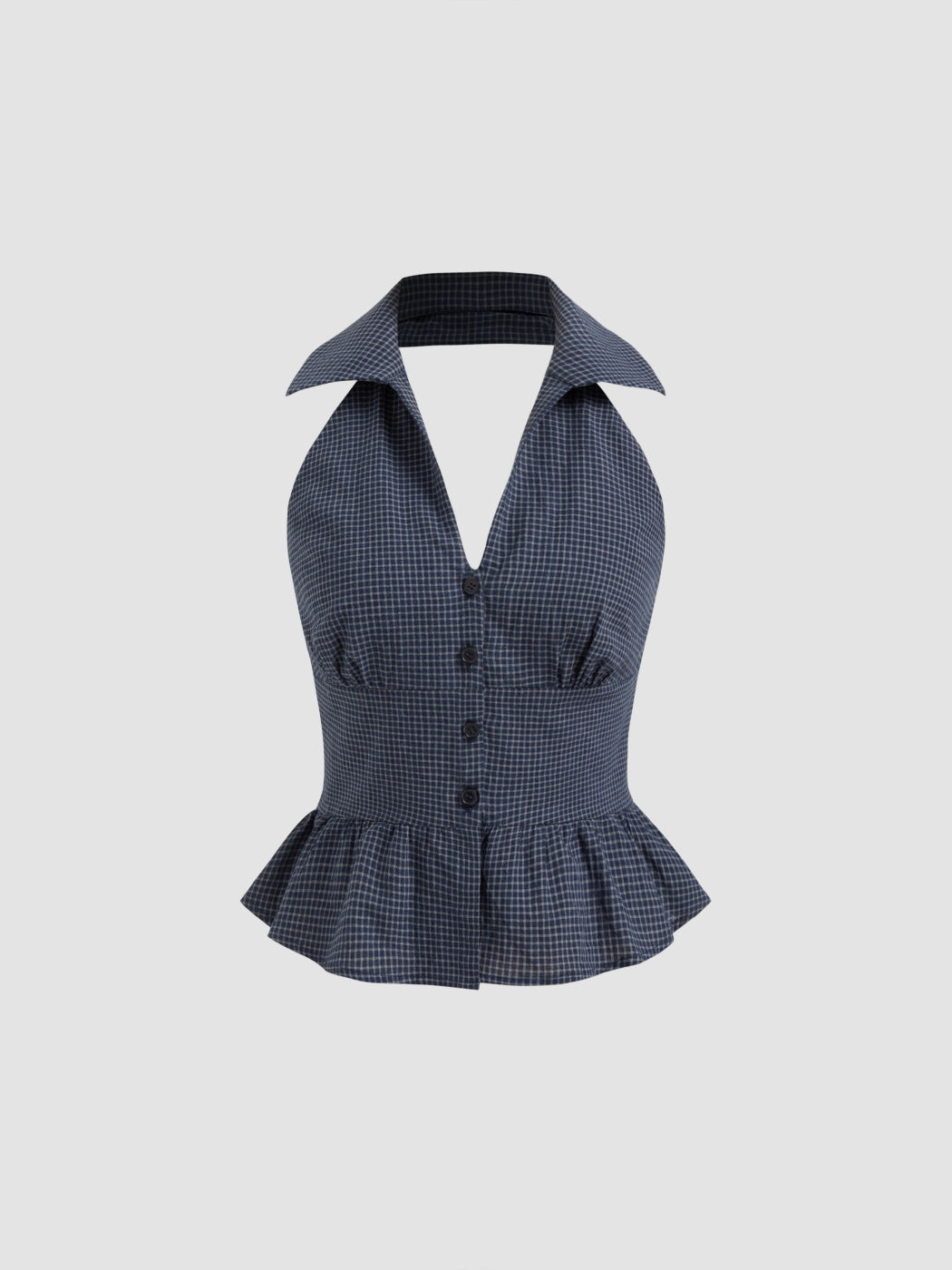 Cotton V-neck Check Ruffle Hem Backless Top