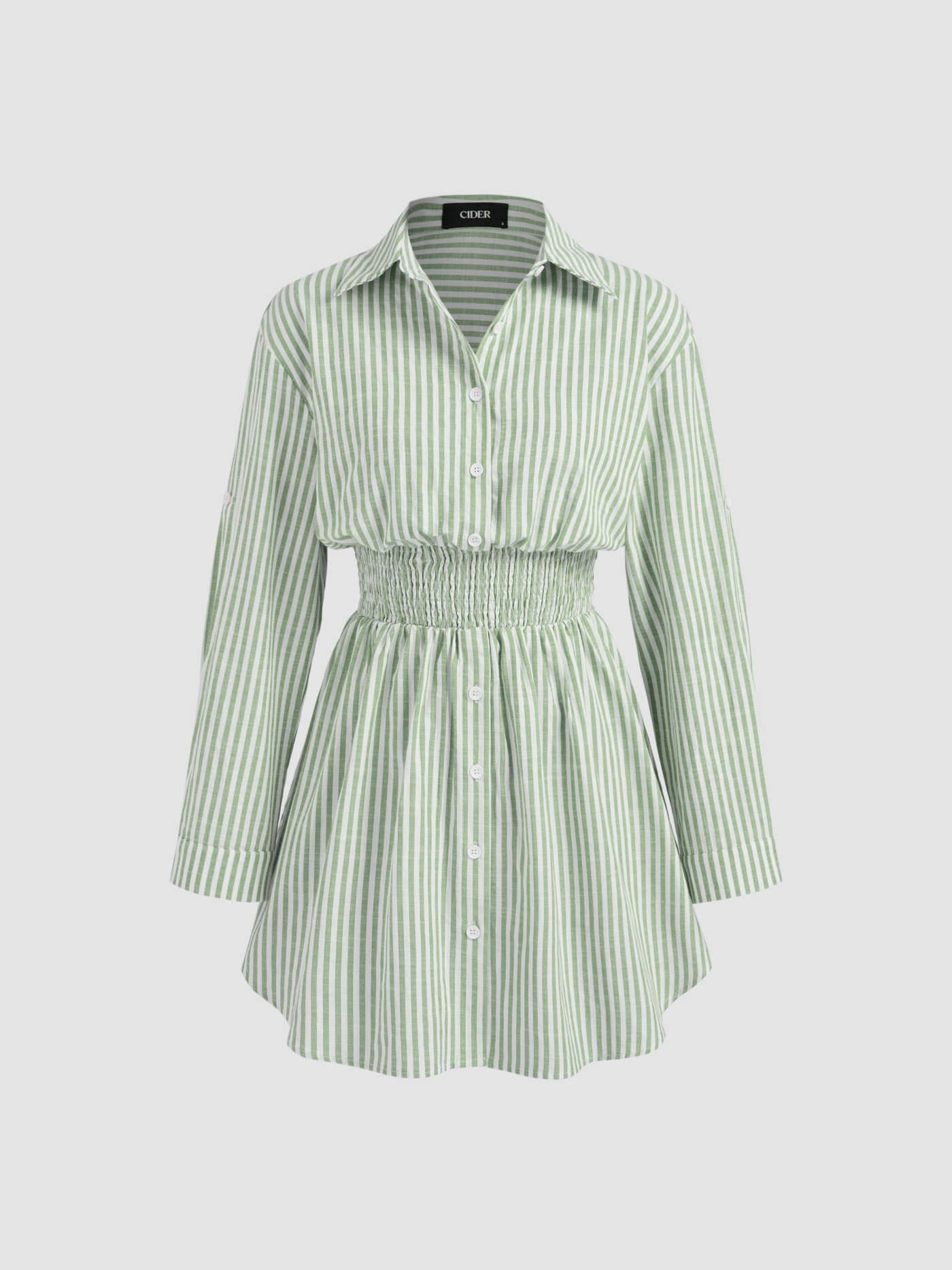 Woven Cotton-blend Collar Striped Shirred Button Mini Shirt Dress For Work