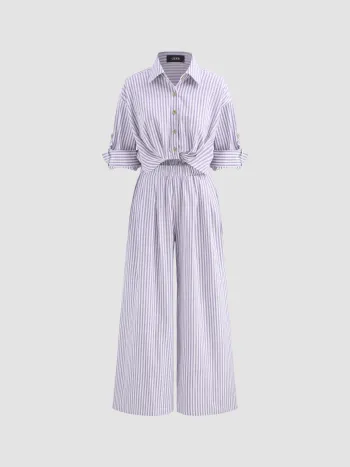 Cotton-blend Collar Solid Striped Knotted Roll-up Sleeve Jumpsuit