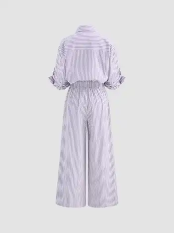 Cotton-blend Collar Solid Striped Knotted Roll-up Sleeve Jumpsuit