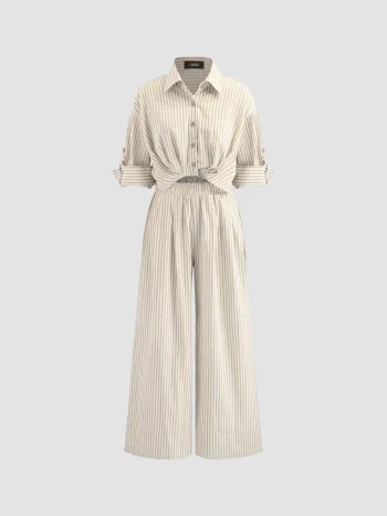 Cotton-blend Collar Solid Striped Knotted Roll-up Sleeve Jumpsuit