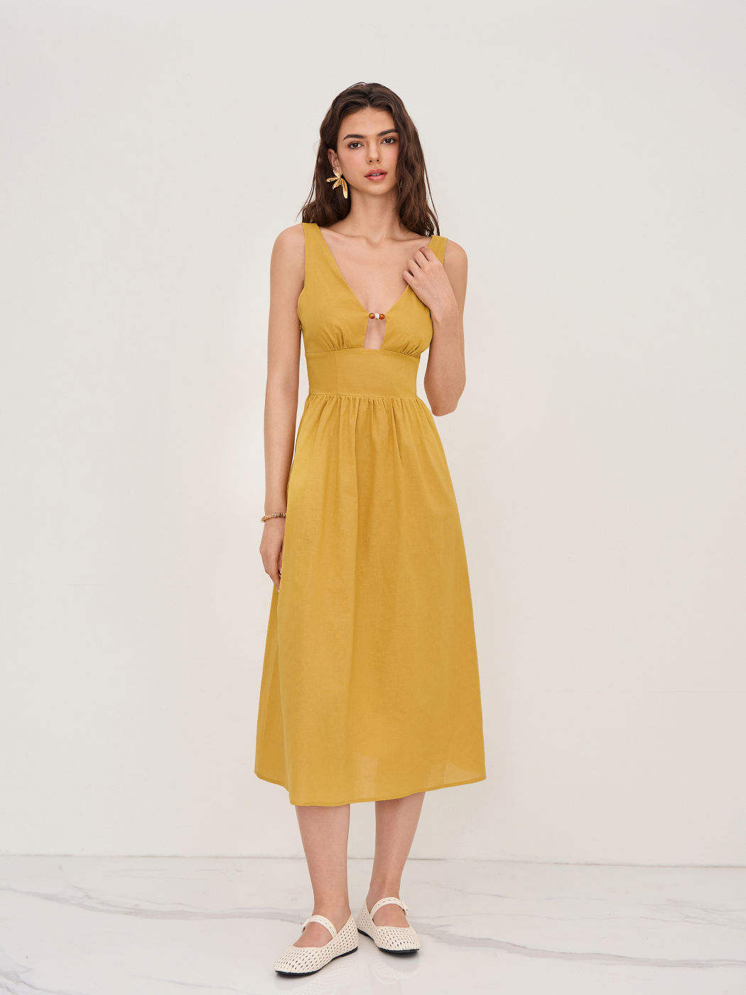Linen-blend V-neck Beaded Cut Out Ruffle Maxi Dress