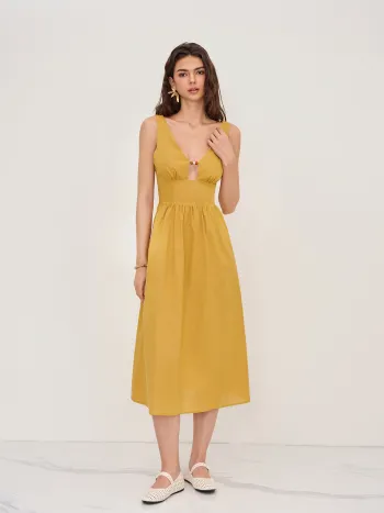 Leinen-Mischung V-Ausschnitt Perlen Cut-Out Rüschen Maxikleid