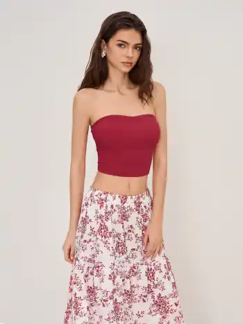 Solid Crop Tube Top & Mid Rise Floral Ruffle Tiered Maxi Skirt Set