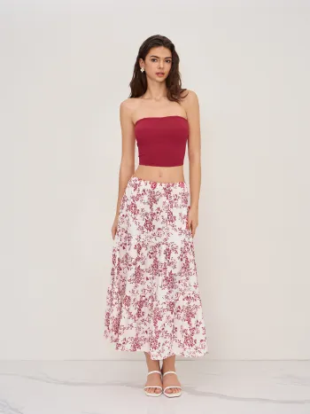 Solid Crop Tube Top & Mid Rise Floral Ruffle Tiered Maxi Skirt Set