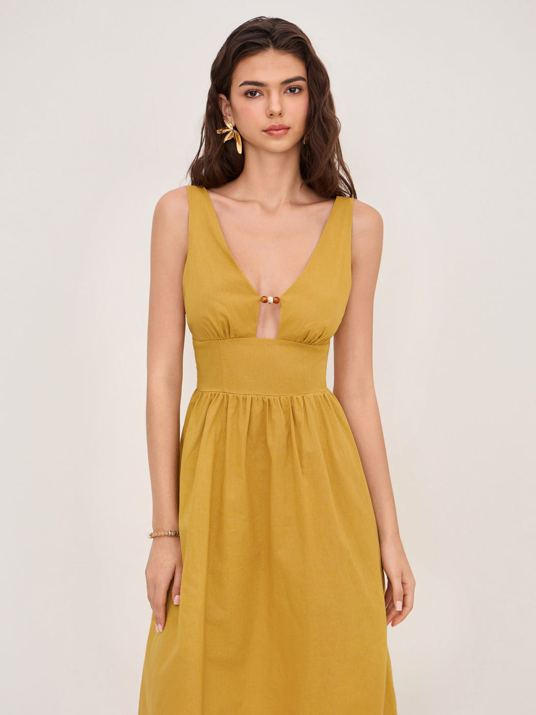 Linen-blend V-neck Beaded Cut Out Ruffle Maxi Dress