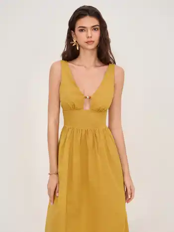 Leinen-Mischung V-Ausschnitt Perlen Cut-Out Rüschen Maxikleid