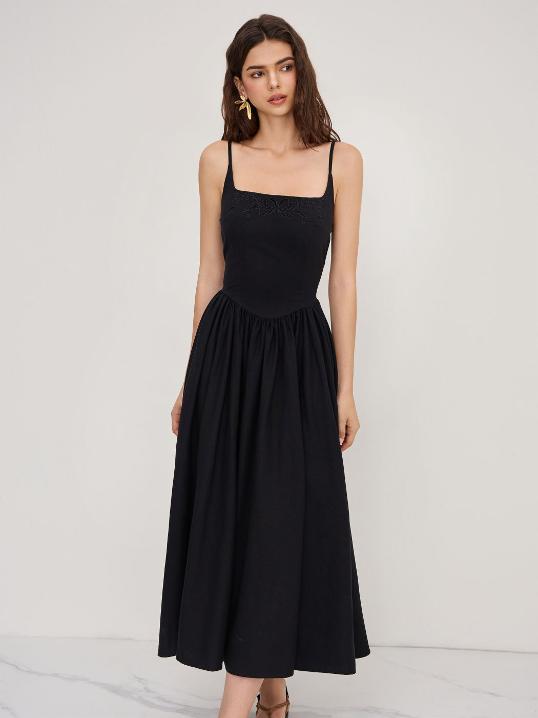 Cotton Linen Scoop Neckline Broderie Anglaise Ruffle Maxi Dress