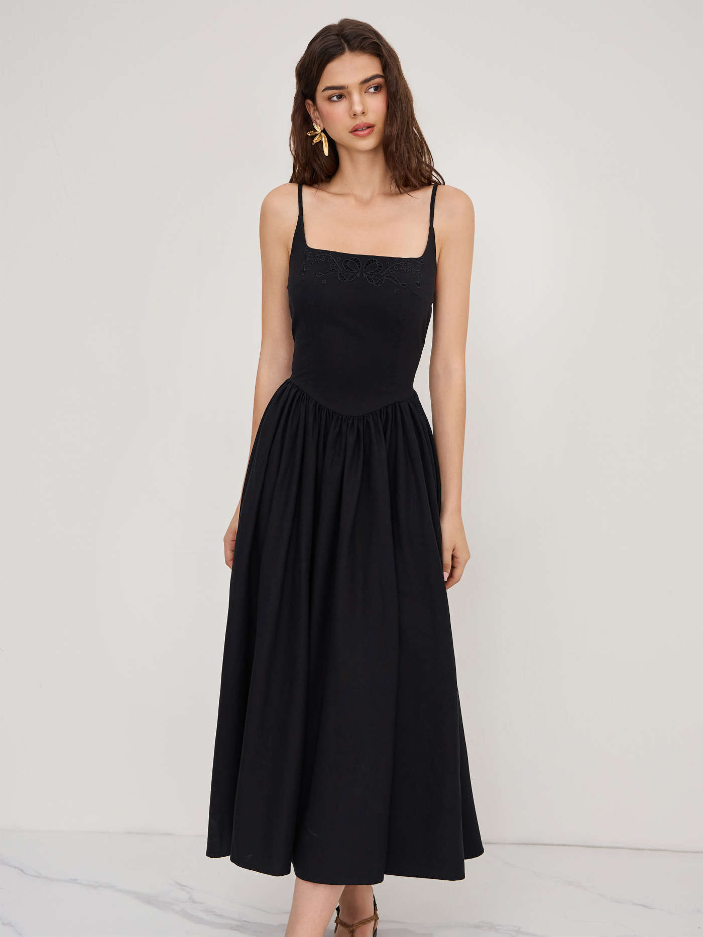 Cotton Linen Scoop Neckline Broderie Anglaise Ruffle Maxi Dress