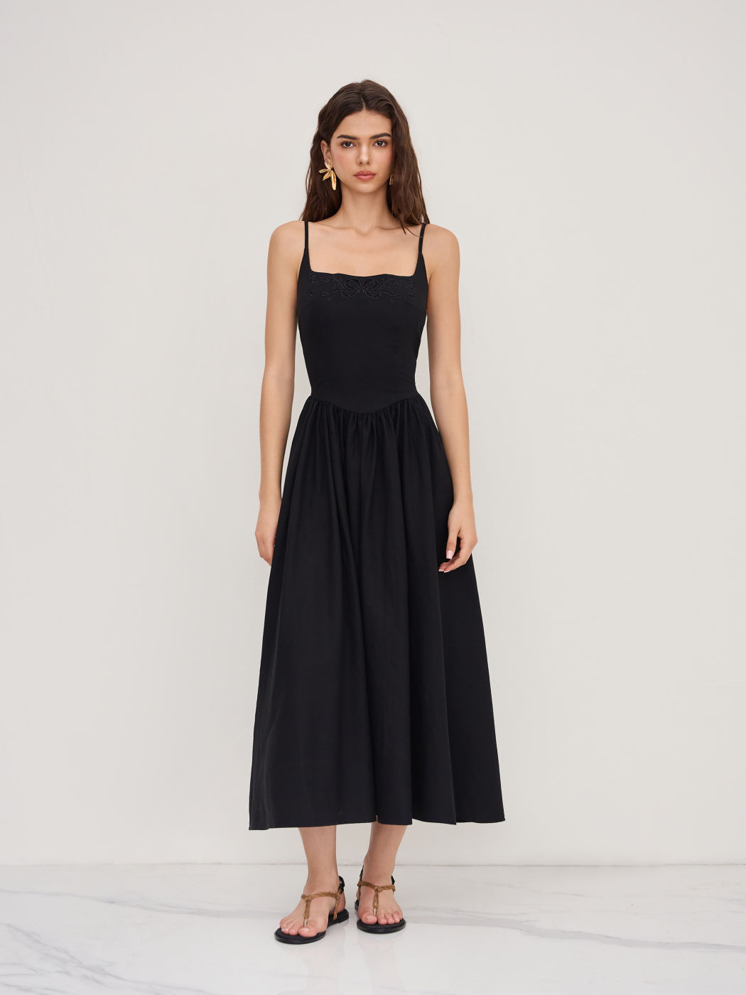 Cotton Linen Scoop Neckline Broderie Anglaise Ruffle Maxi Dress
