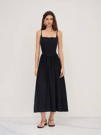 Cotton Linen Scoop Neckline Broderie Anglaise Ruffle Maxi Dress