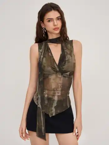 Mesh Floral Twist Lettuce Trim Tank Top With Scarf