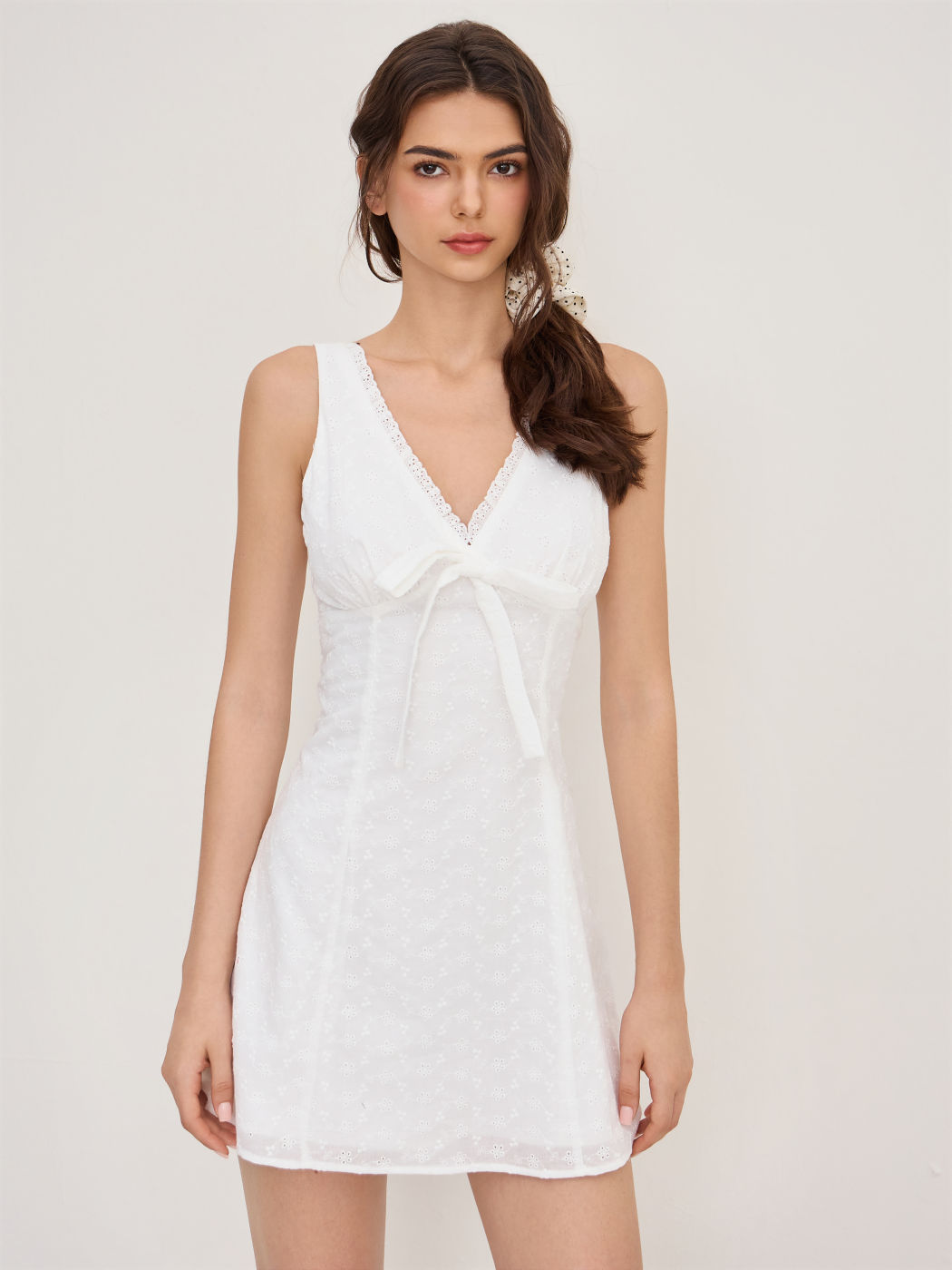 100% Cotton Broderie Anglaise Trim Floral Bowknot Mini Dress 