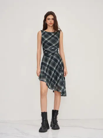 Boat Neck Backless Plaid Ruched Asymmetrical Hem Midi Dress