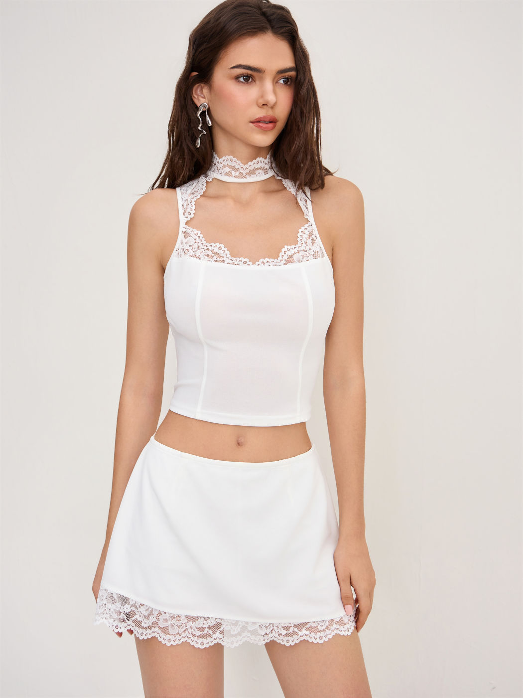 High Neck Lace Trim Cut Out Tank Top & Mid Rise Mini Skirt Set