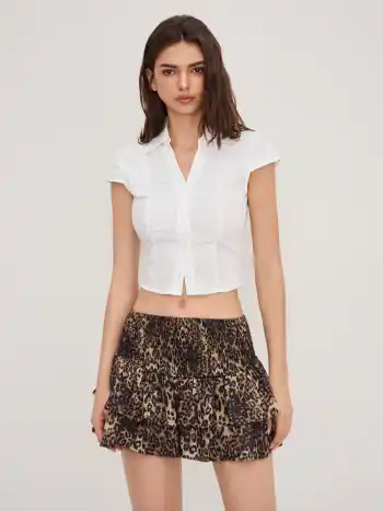 Mid Rise Leopard Shirred Layered Mini Skirt