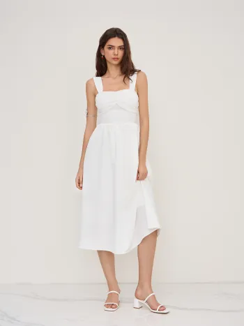 Linen-blend Square Neck Shirred Ruffle Midi Dress