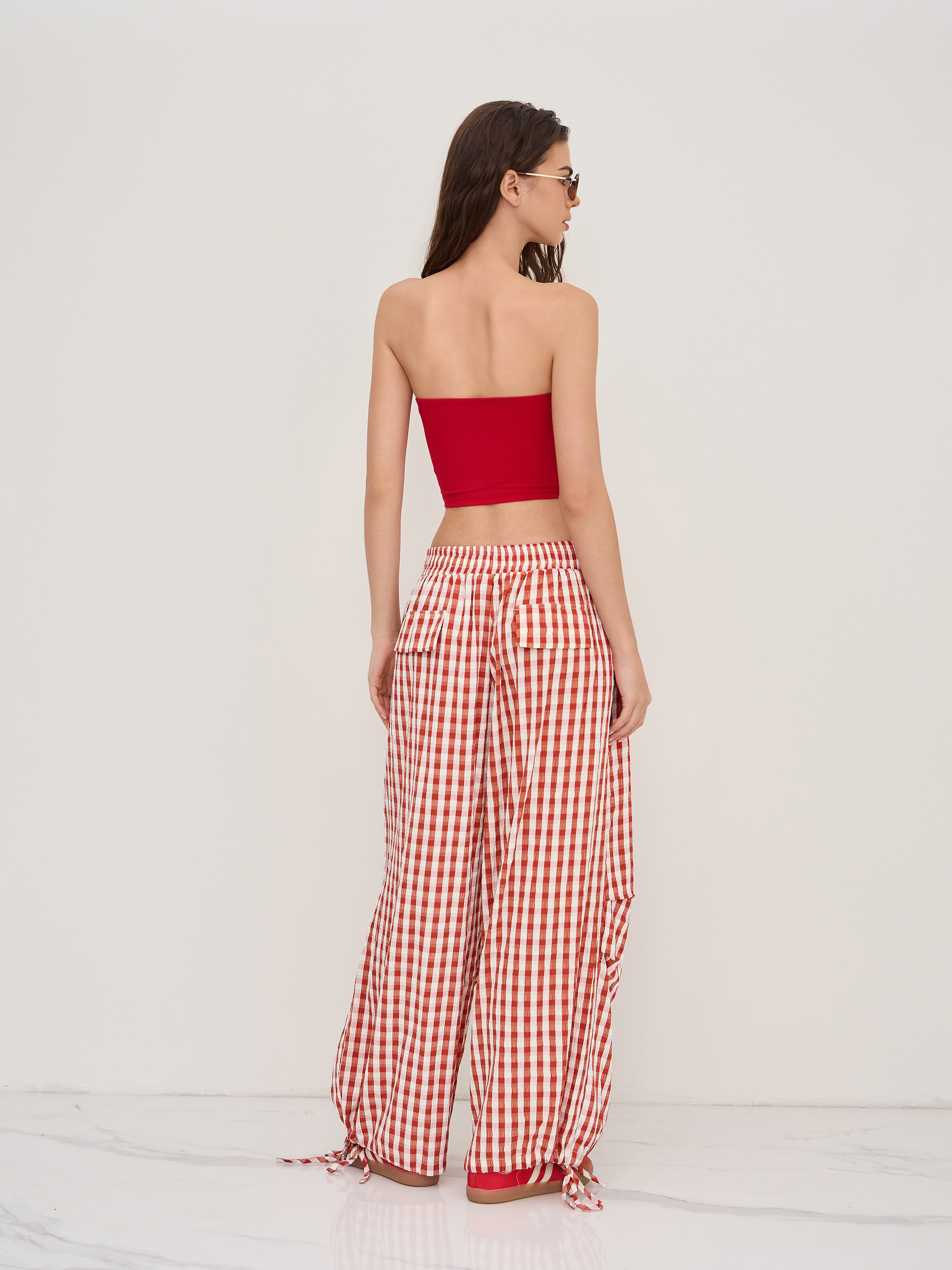 Curtain Knit Trousers ベージュ Woven Gingham Drawstring Pull-On Wide Leg Pant For School