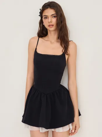 Square Neck Bowknot Ruffle Layered Mini Dress
