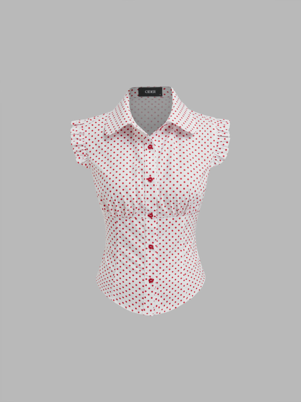 100% Cotton Peter Pan Collar Polka Dot Lettuce Trim Curve Hem Blouse