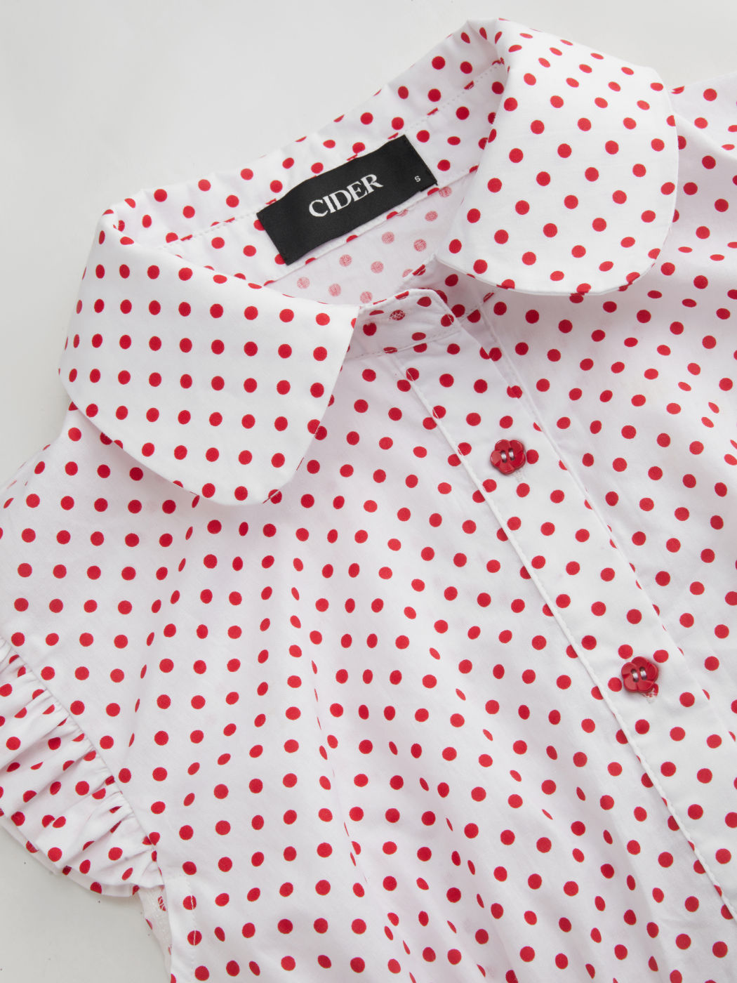 100% Cotton Peter Pan Collar Polka Dot Lettuce Trim Curve Hem Blouse