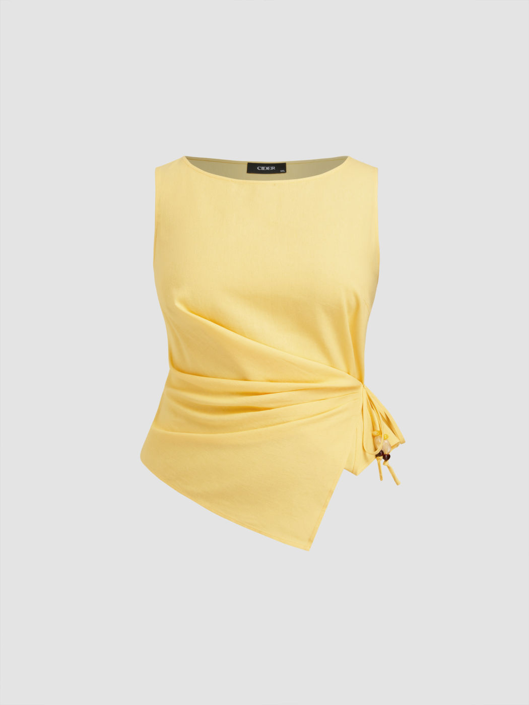 Top senza maniche taglie forti e curvy in misto lino con decorazioni di perline, nodo e arricciatura