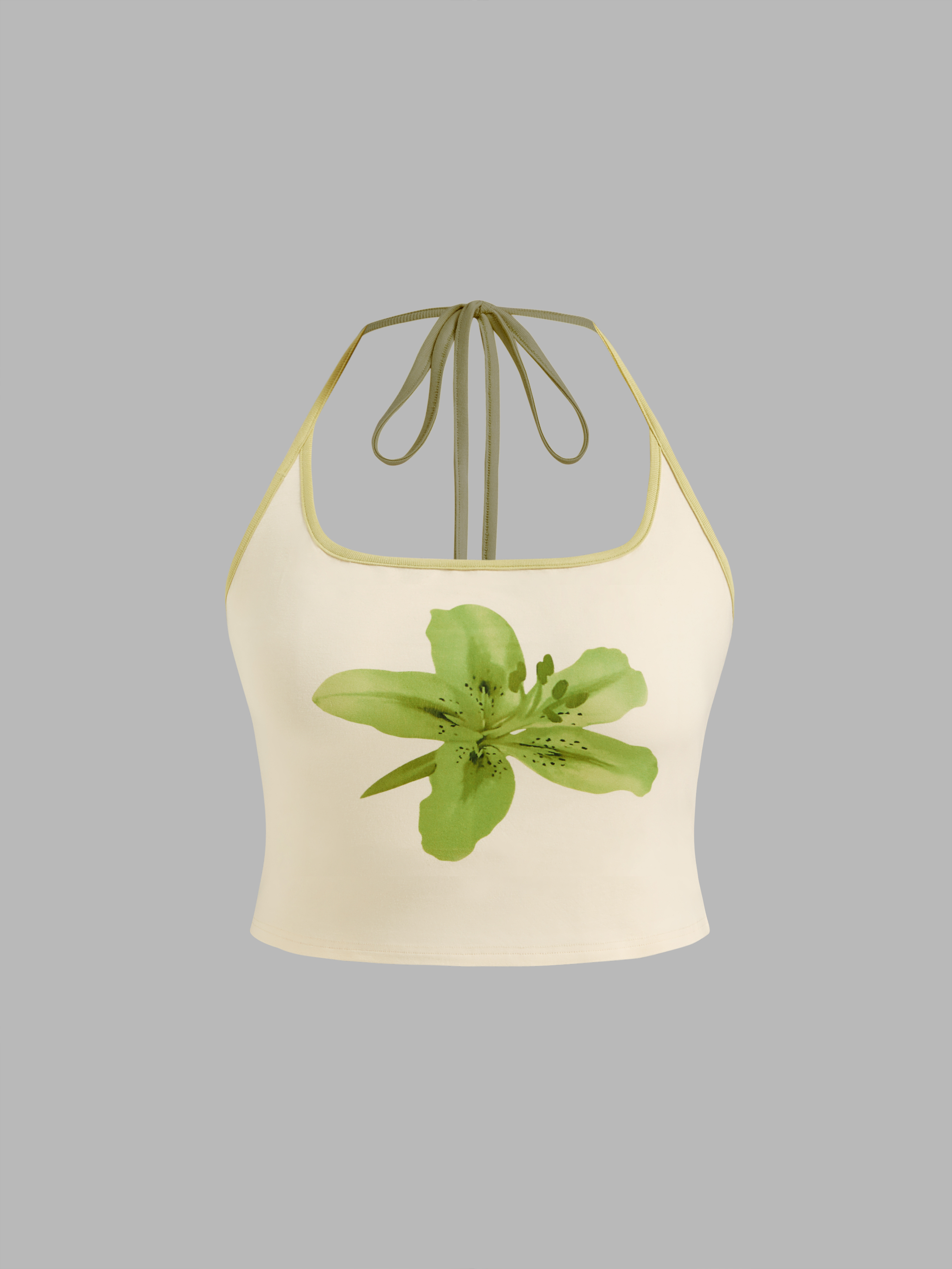 Halter Neckline Floral Graphic Contrasting Binding Cami Top Curve & Plus