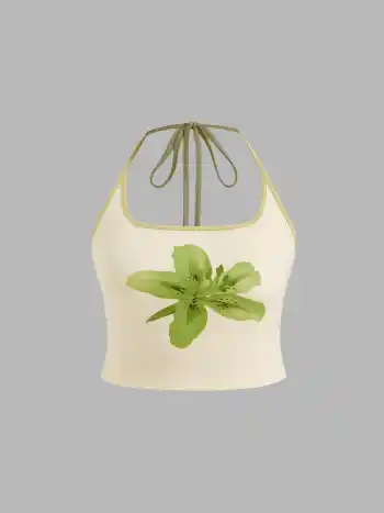 Top camiseta con escote halter, estampa floral y ribete contrastante Curvy