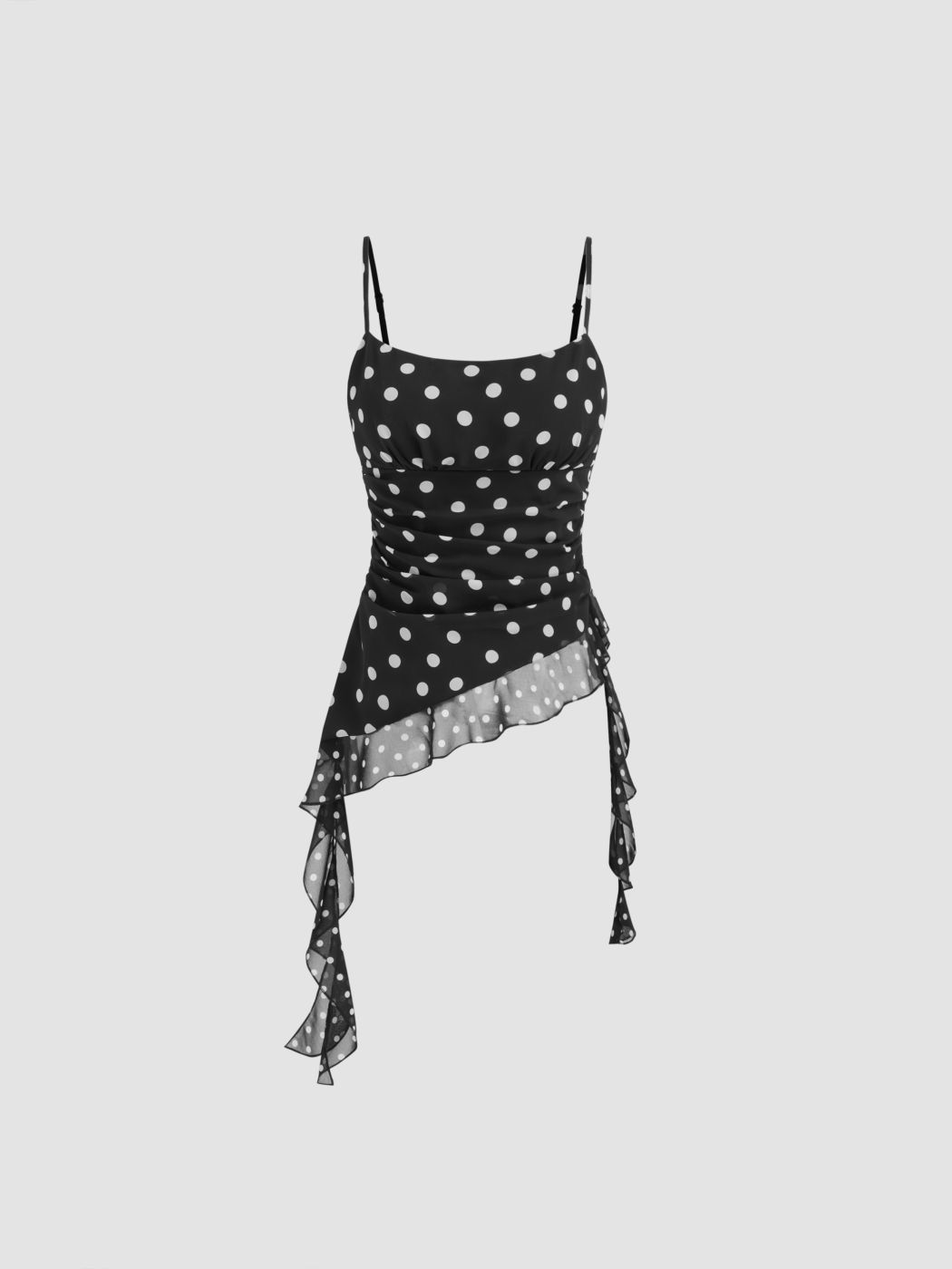 Polka Dot Ruffle Ruched Shirred Asymmetrical Hem Cami Top