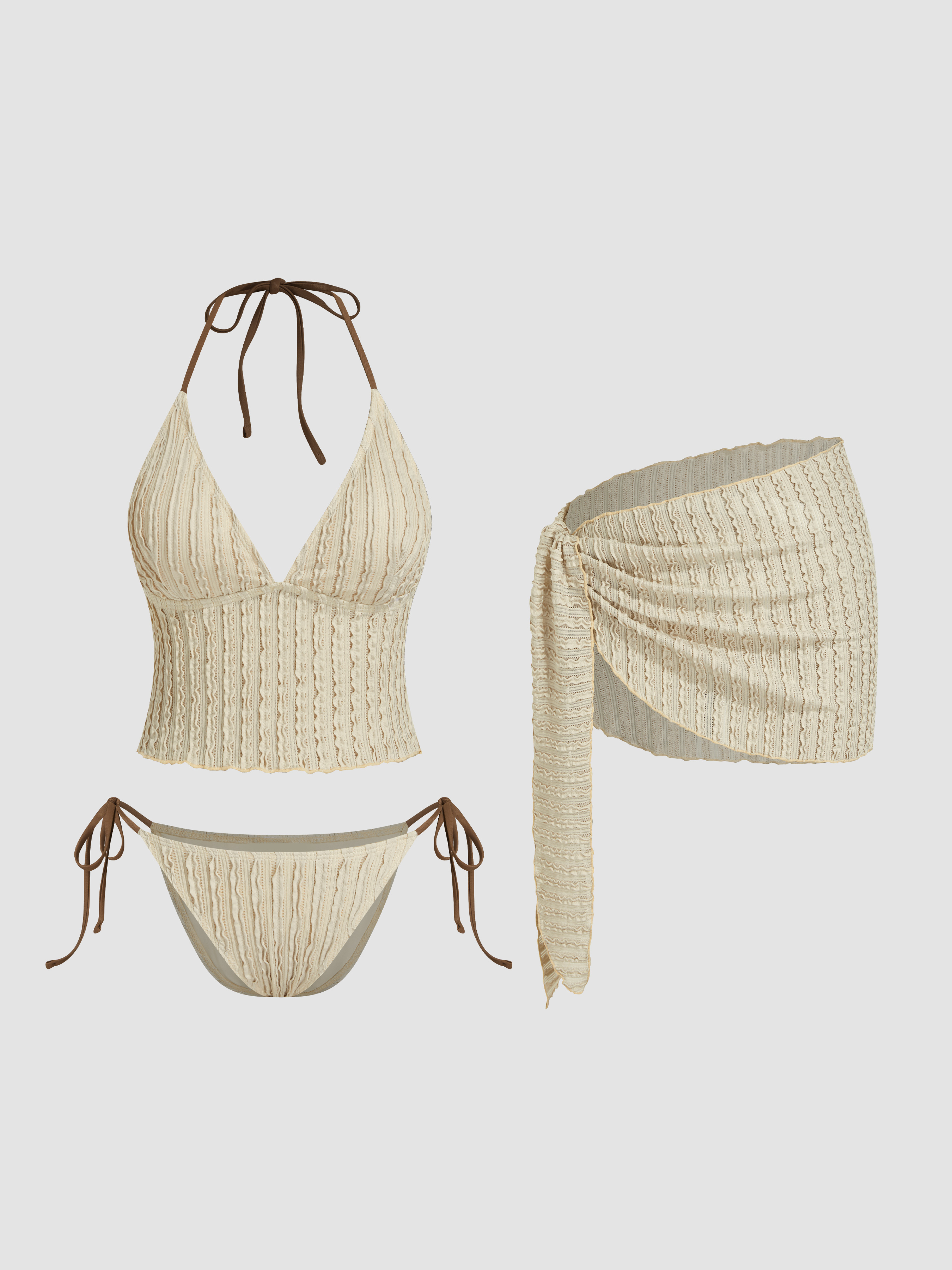 Texture Halter Neckline Lettuce Trim Knotted Tankini Tie Side Bikini Set With Sarong