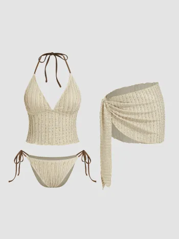 Texture Halter Neckline Lettuce Trim Knotted Tankini Tie Side Bikini Set With Sarong