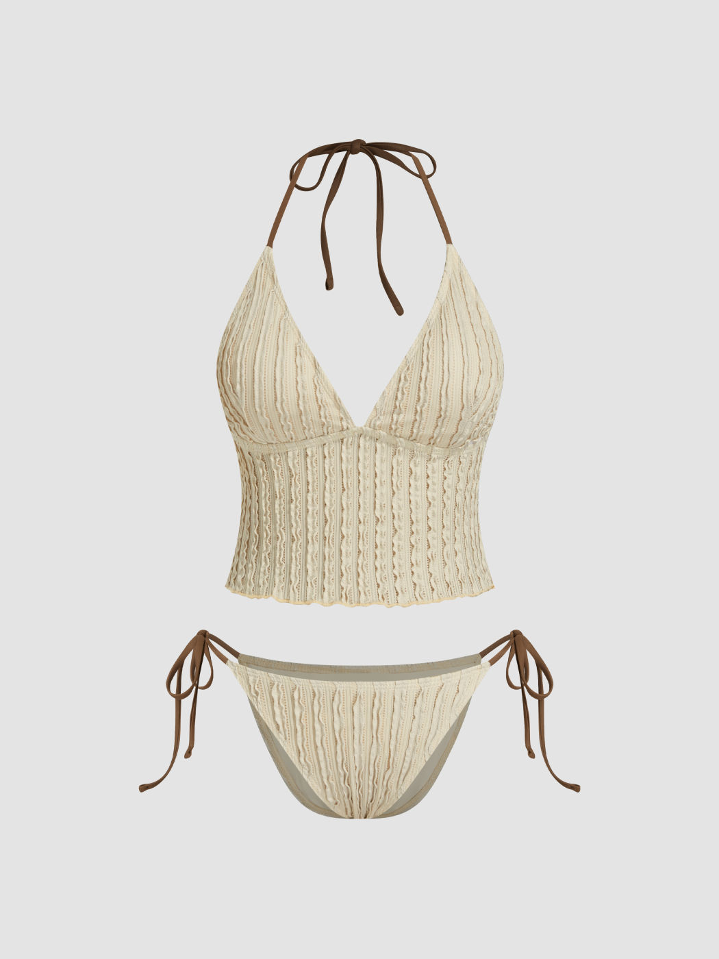 Texturiertes Halter-Bikini-Set mit Salatrand, Knoten und Sarong