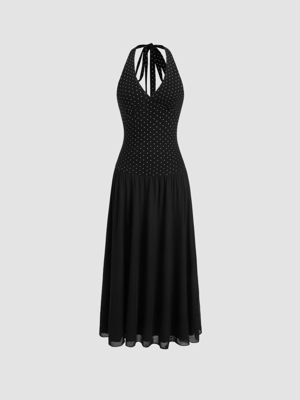 Cotton-blend Halter Neckline Polka Dot Maxi Dress