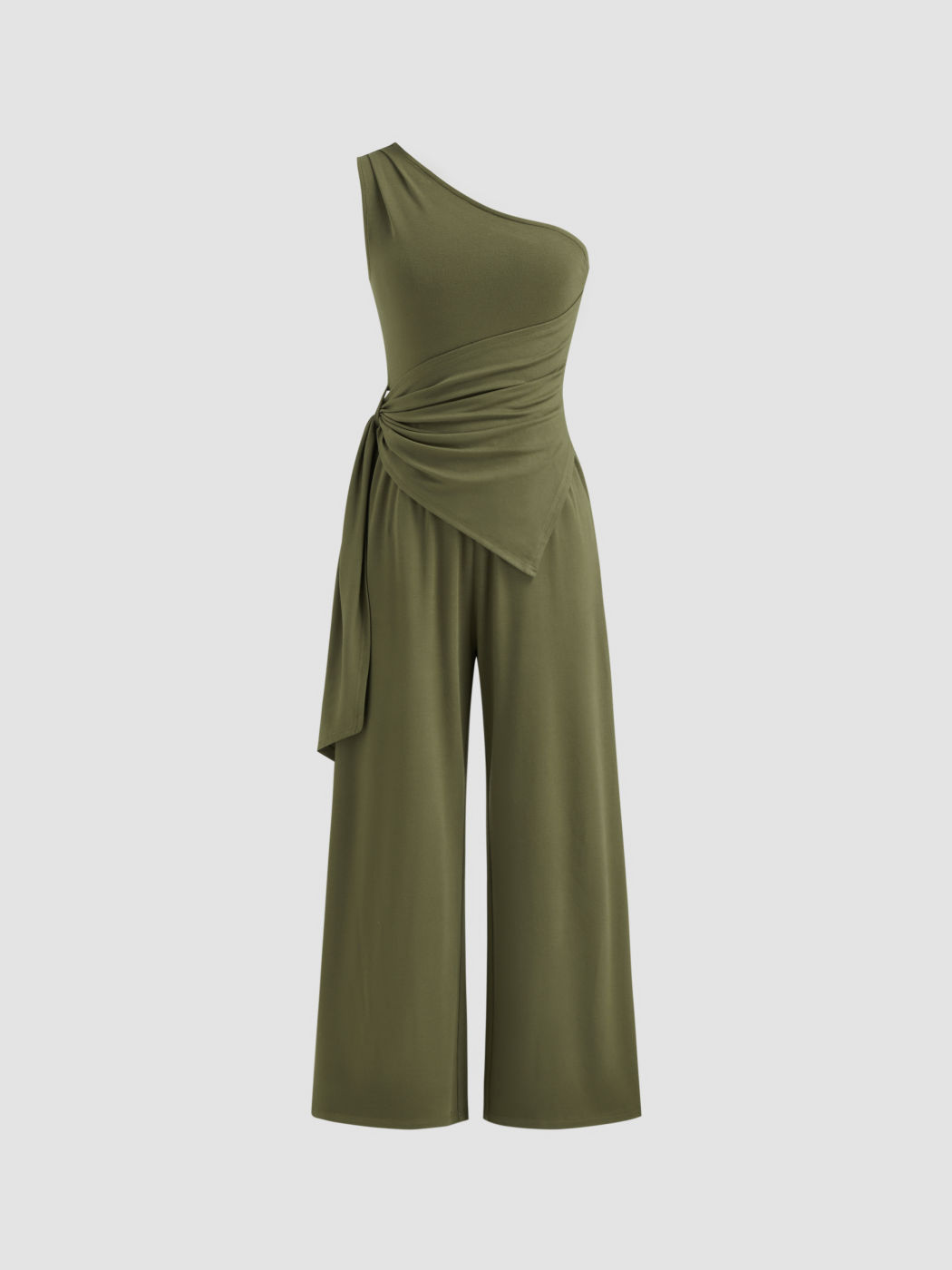 Asymmetrical Neck Ruched Knotted Wide Leg  Jumpsuit