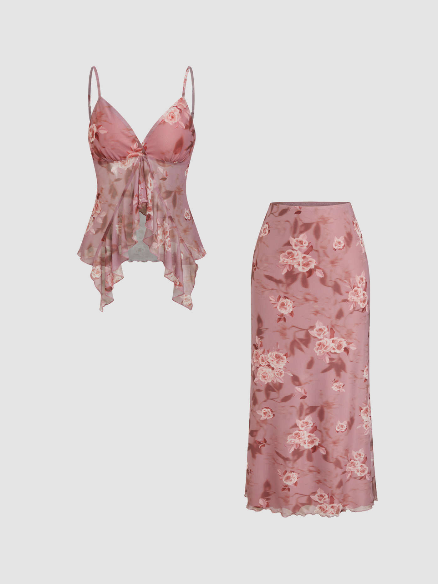 V-neck Floral Ruffle Cami Top & Mid Rise Maxi Skirt Set