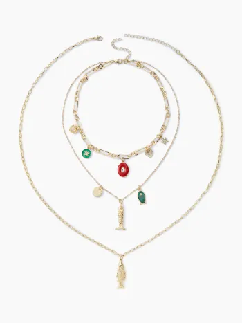 MULTI-LAYERED FISH & HEART PENDANT CHAIN NECKLACE